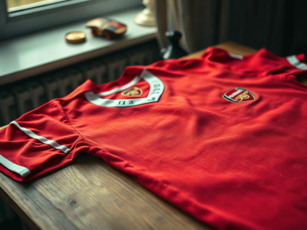 Vintage Arsenal Trikot aus der Frühzeit, detailreiche Baumwollstruktur auf Holztisch in einem Sammler-Appartement