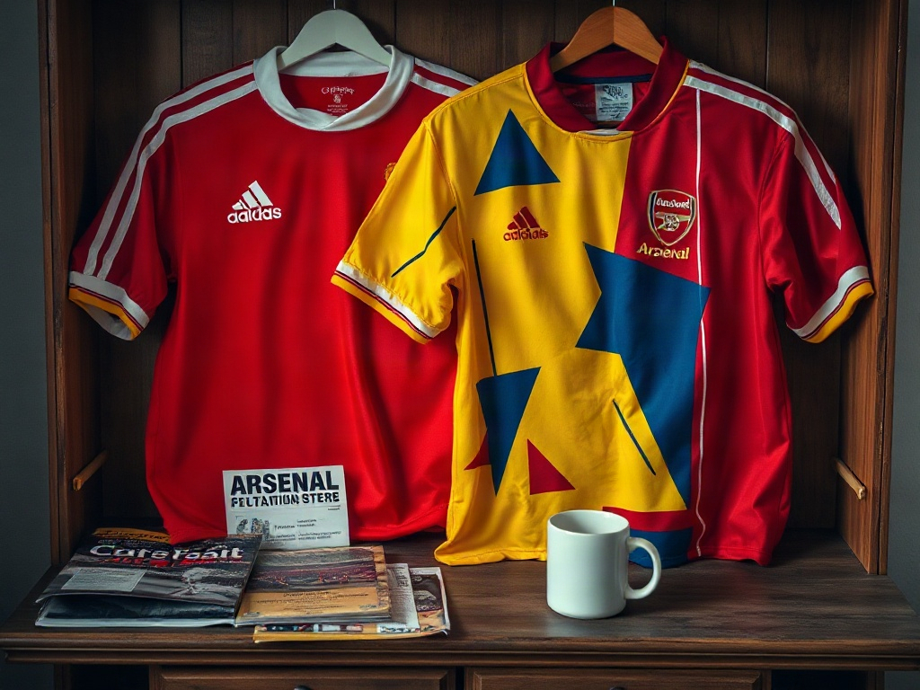 Vergleich zweier Arsenal Trikots aus den 1980ern und frühen 1990ern auf einem Holzregal, darunter ein Spielprogramm