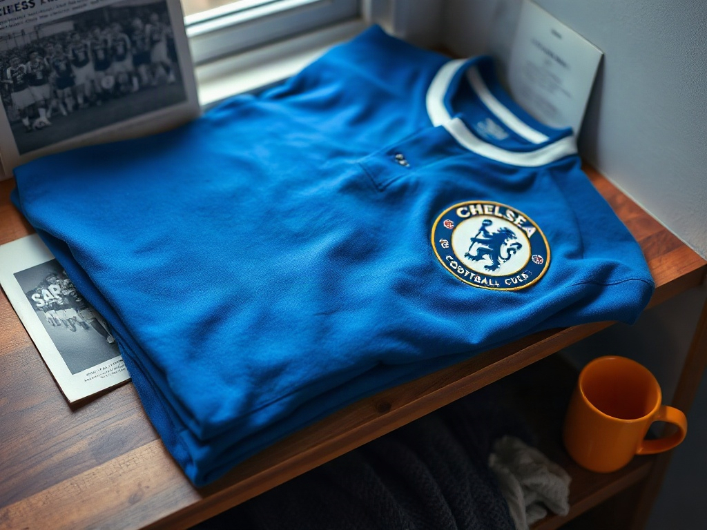 Vintage Chelsea-Trikot aus den 1960er-Jahren auf einem Holzregal, neben einem alten Spieltagsprogramm