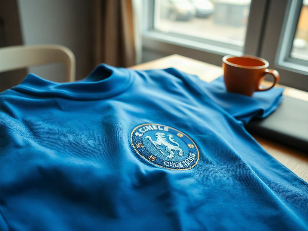 Nahaufnahme eines Chelsea-Trikots aus den 1980ern mit Sponsorlogo und gesticktem Vereinswappen