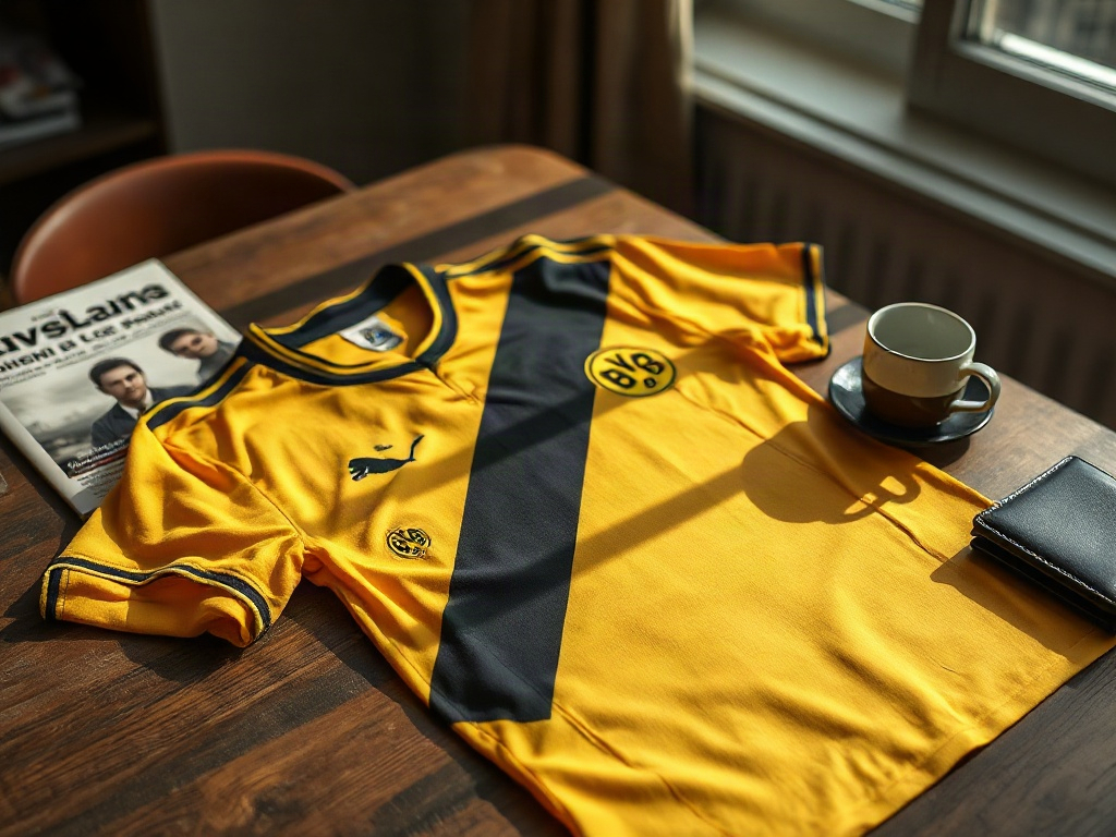 Vintage Borussia Dortmund Trikot auf einem Holztisch neben einem alten Bundesliga-Spielprogramm