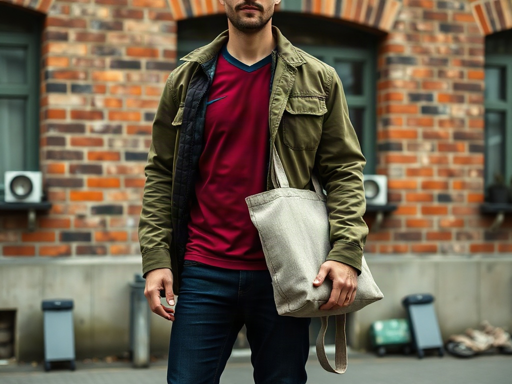 Mann trägt dunkelrotes Fußballtrikot unter offener Fieldjacket als Alltags-Outfit in einer deutschen Stadt