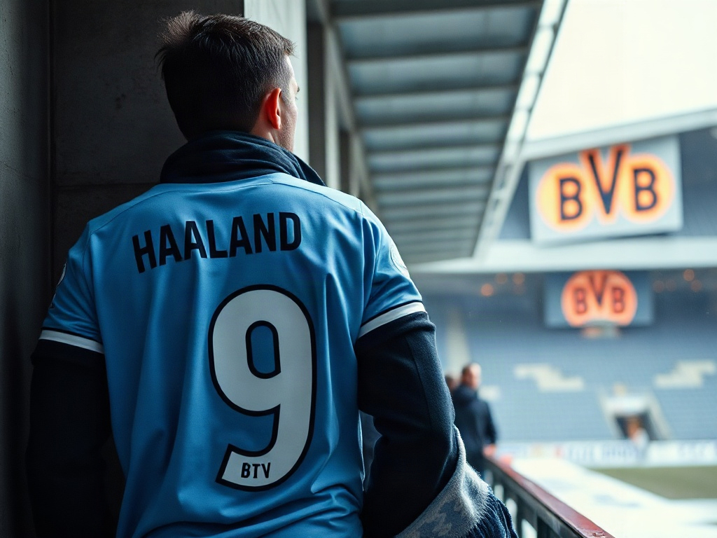 Fan trägt das Haaland Trikot Manchester City vor einem deutschen Stadion im Winter