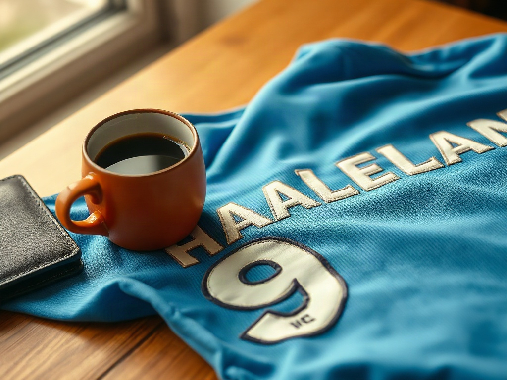 Detailaufnahme der Bestickung Haaland Nummer 9 auf dem Manchester City Trikot
