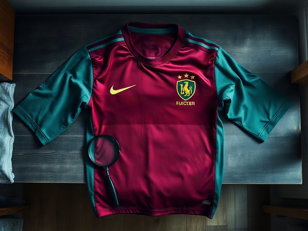 Fußballtrikot auf einem Holzregal ausgebreitet mit Lupe neben dem Vereinswappen zur Echtheitsprüfung