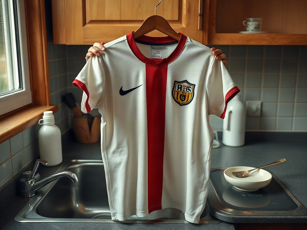 Retro-Bundesliga-Trikot über der Spüle mit Hausmitteln für Schweißflecken
