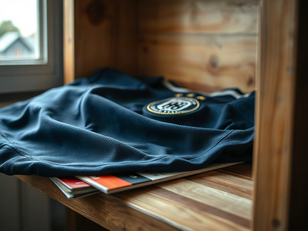 Navy-Trikot auf Holzregal in Sammler-Wohnung, Stickerei-Detail im natürlichen Tageslicht