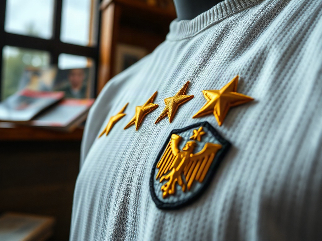 Nahaufnahme der vier goldenen Sterne auf dem offiziellen Deutschland Trikot, gestickte Goldfäden auf weißem Trikotstoff
