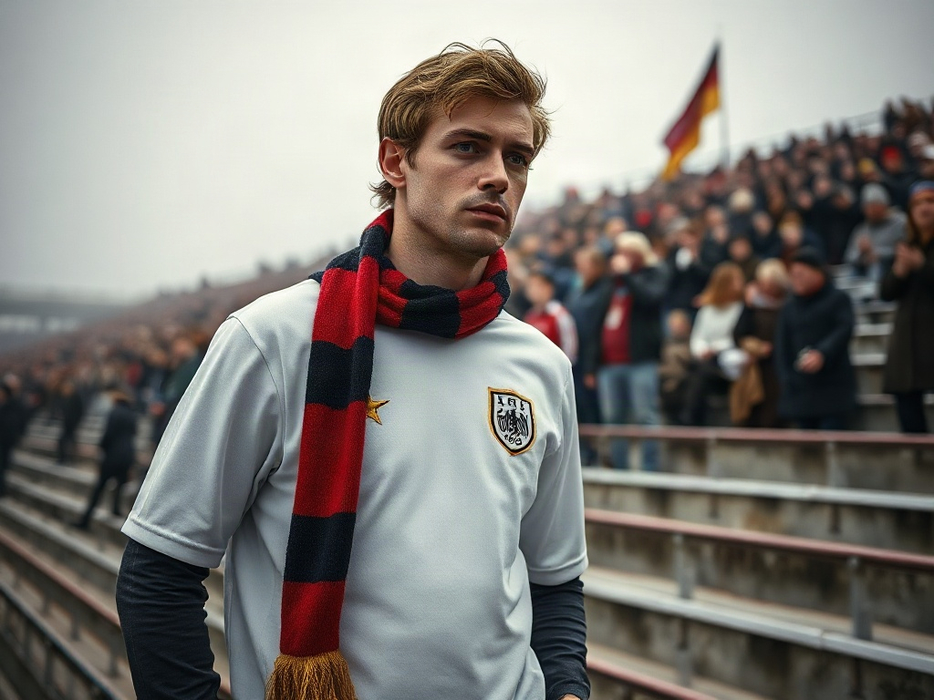 Fan im vintage Deutschland Trikot von 1974 auf der Stadionkurve, zwei goldene Sterne sichtbar auf der Brust