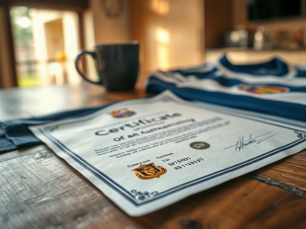 COA Echtheitszertifikat für ein signiertes Fußballtrikot mit Hologramm-Aufkleber und Seriennummer auf einem Holztisch