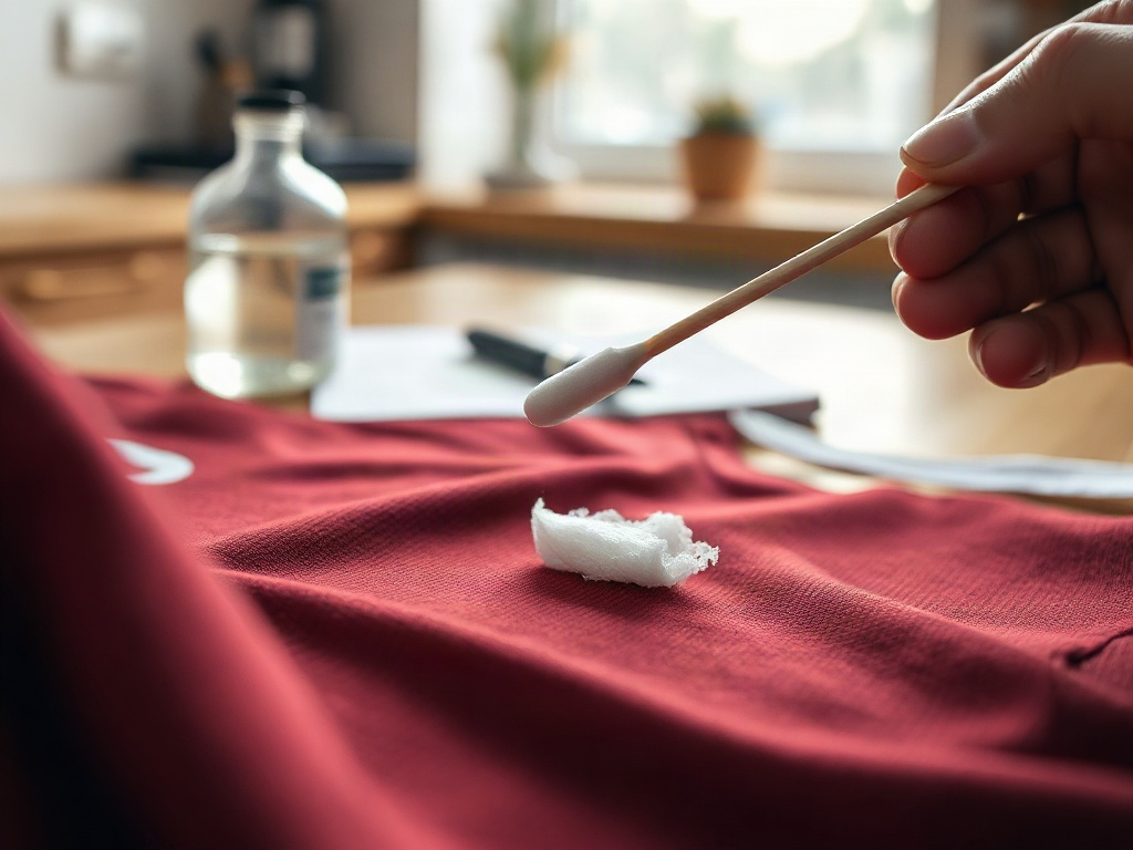 Wattestäbchen mit Isopropylalkohol tupft Kleberreste von einem Fußballtrikot nach dem Entfernen der Beflockung