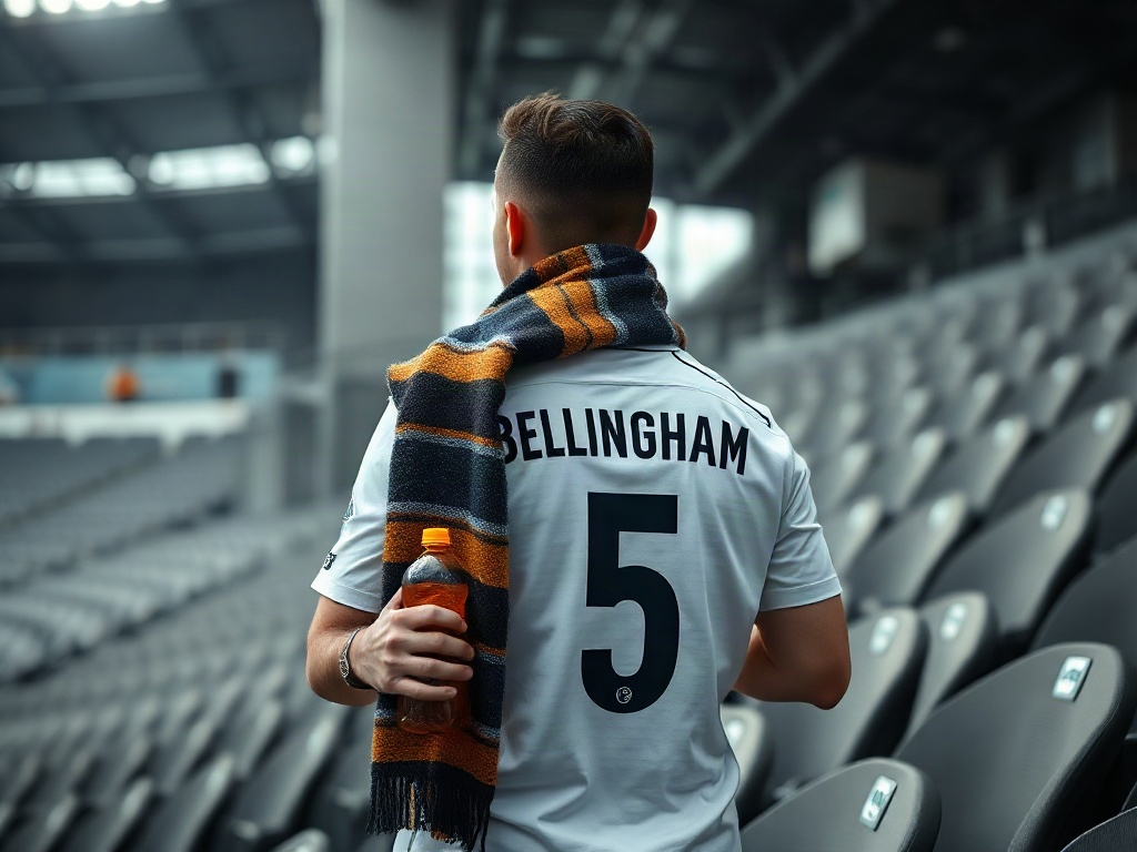Fan trägt das Bellingham Trikot Real Madrid im Stadion bei einem Winterspiel