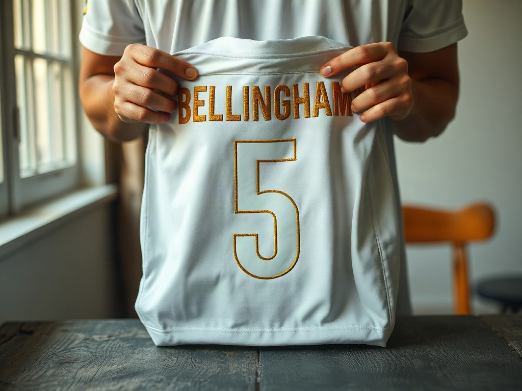 Nahaufnahme der Stickerei des Bellingham Real Madrid Trikots, Nummer 5 auf dem Rücken