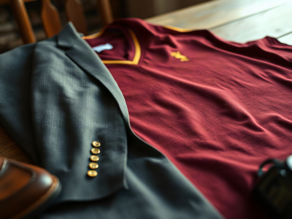 Detailaufnahme eines burgunderroten Fußballtrikots mit gesticktem Wappen, neben einem Anthrazit-Blazer auf einem Küchentisch