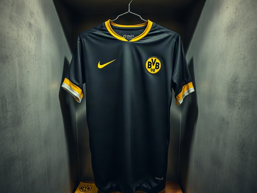 Das neue Dortmund Auswärtstrikot 2026 in Anthrazit mit goldenen Akzenten, aufgehängt im Umkleideraum