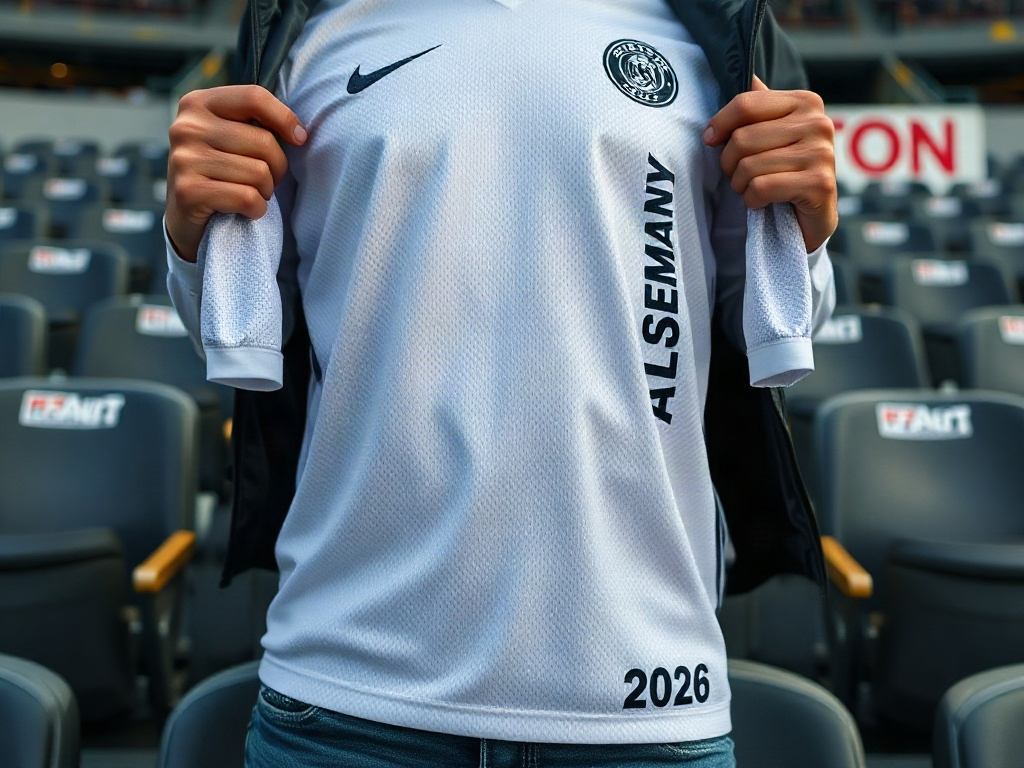 Fan hält das neue Deutschland-Trikot 2026 vor der Allianz Arena in den Händen