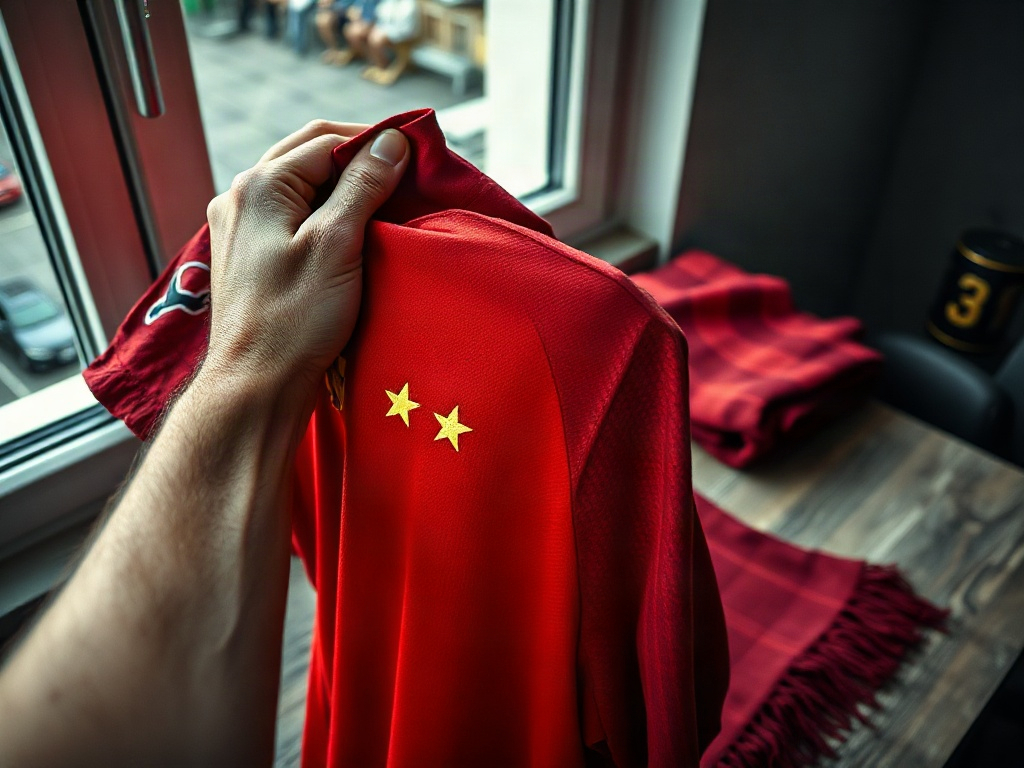 Spanien Trikot 2026 mit zwei goldenen Sternen, Detail der Stickerei im Tageslicht