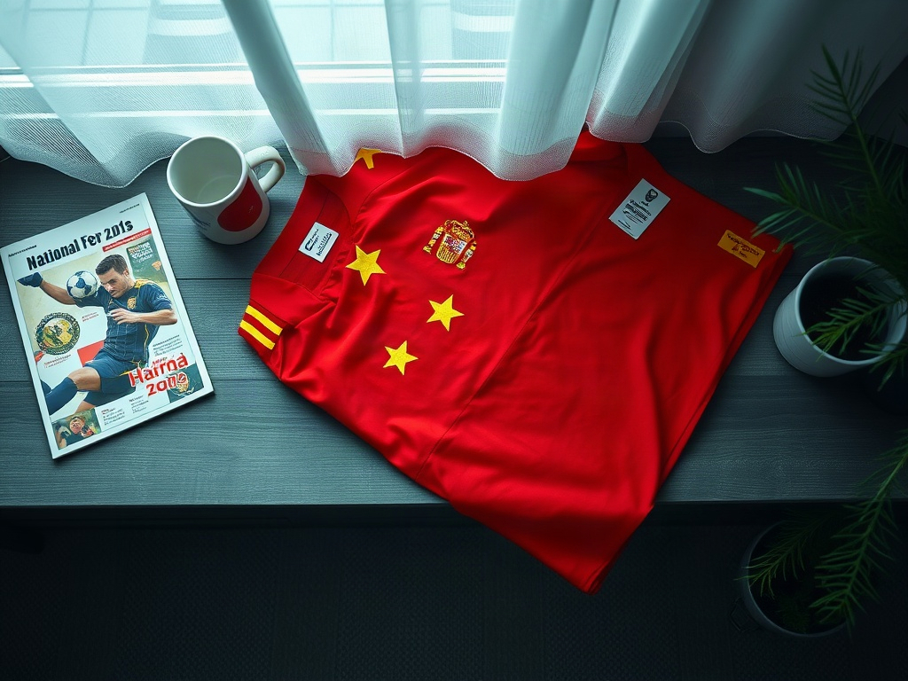 Spanien Heimtrikot 2026 flach ausgelegt mit zwei Sternen neben historischem WM-Programm