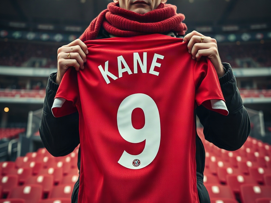 Fan hält ein Bayern-Trikot mit KANE 9 Beflockung vor seiner Brust in der Allianz Arena im Winter