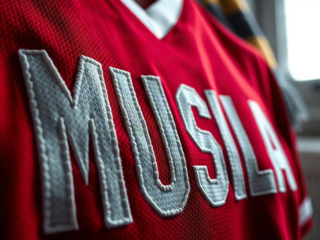 Nahaufnahme der Beflockung MUSIALA auf einem roten Bundesliga-Trikot, scharfe Buchstabenkanten im Tageslicht