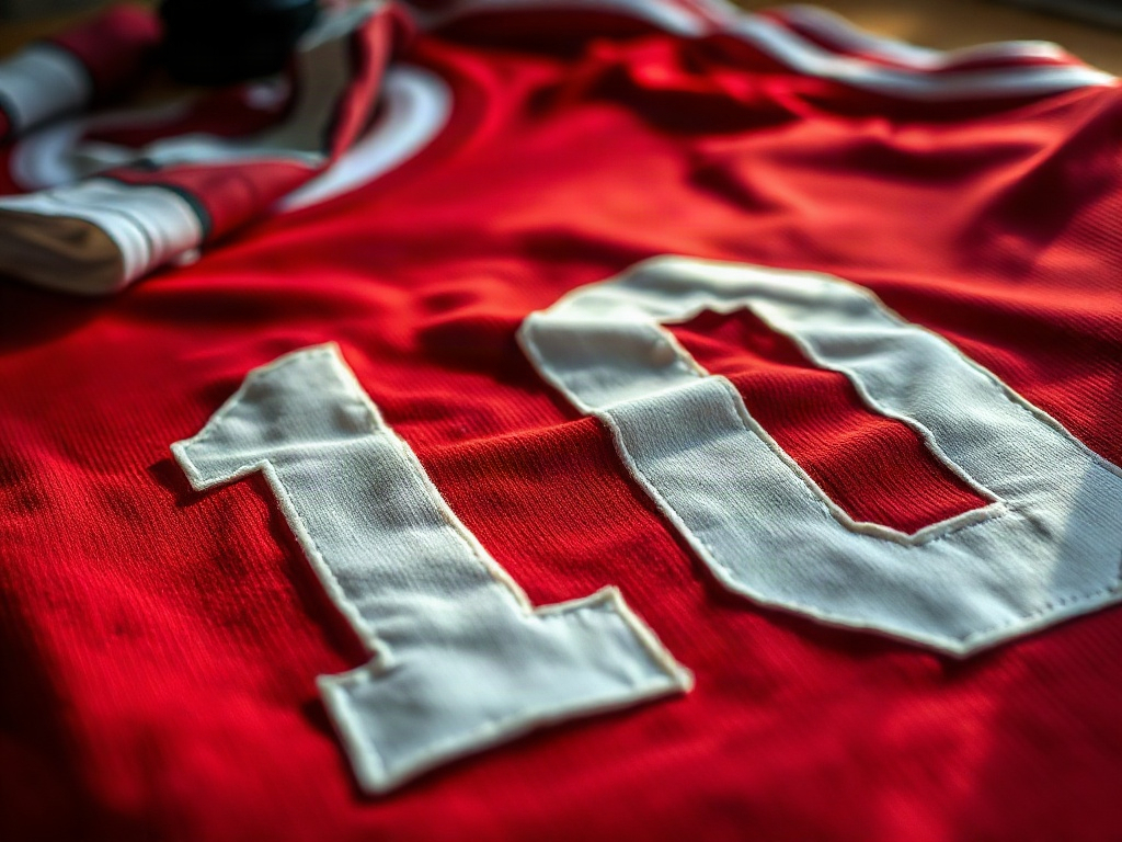 Nahaufnahme einer weißen Beflockung auf einem roten Fußballtrikot, die einzelnen Textilfasern der Buchstaben deutlich sichtbar