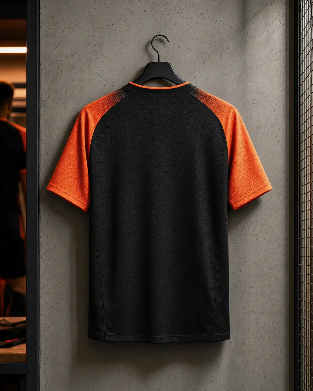 Rücken eines schwarz-orangen Fußballtrikots, bereit für Name und Nummer