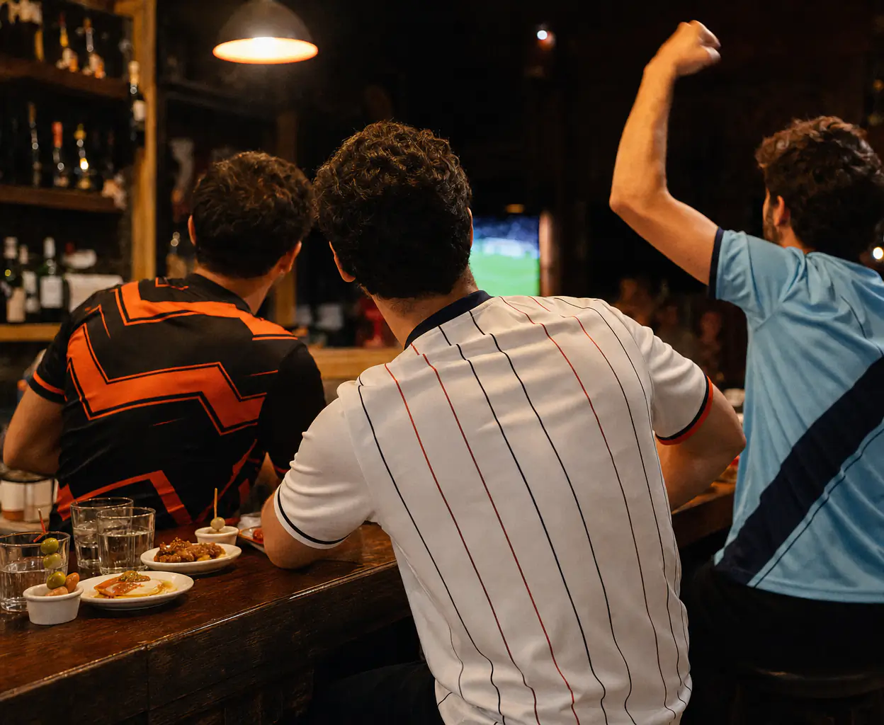 Freunde in Concept-Trikots jubeln in einer Bar über ein Tor