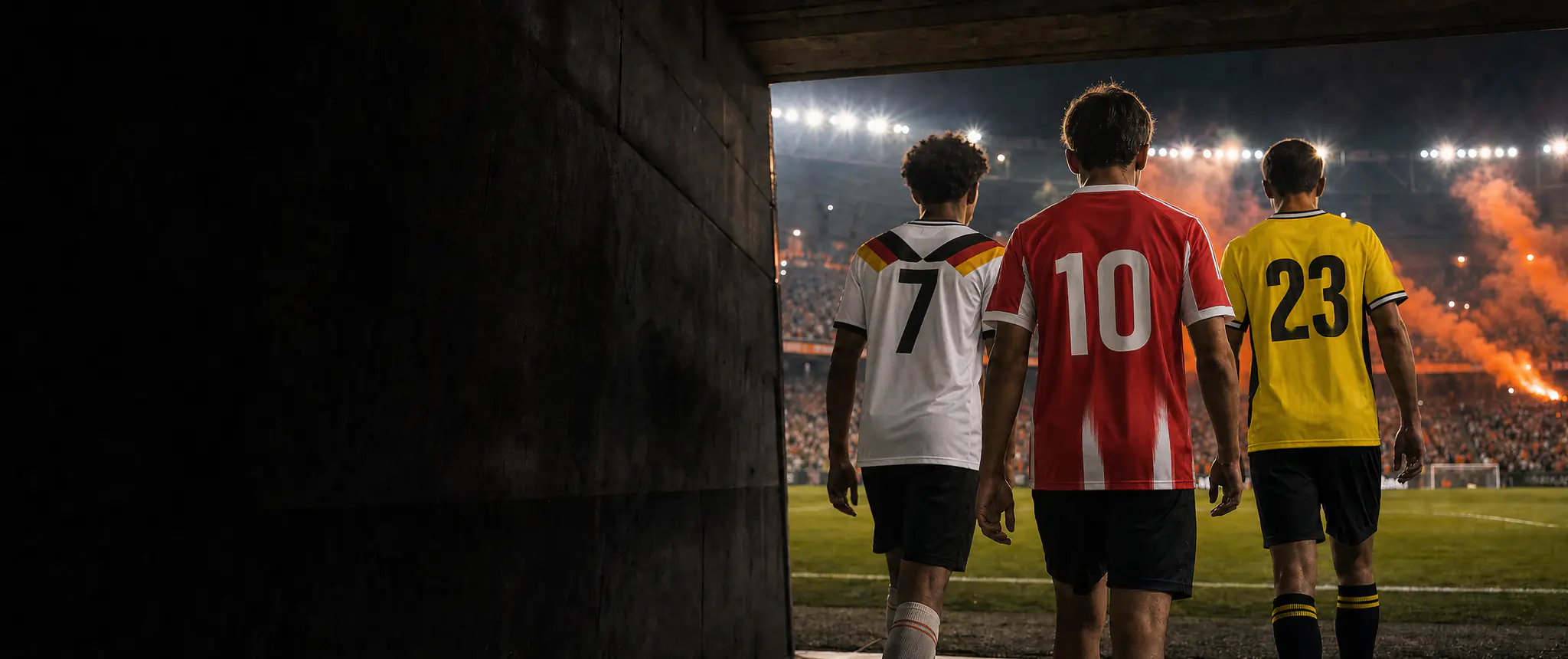 Drei Spieler von hinten in den Trikots von Deutschland, FC Bayern und Borussia Dortmund kommen nachts aus dem Stadiontunnel